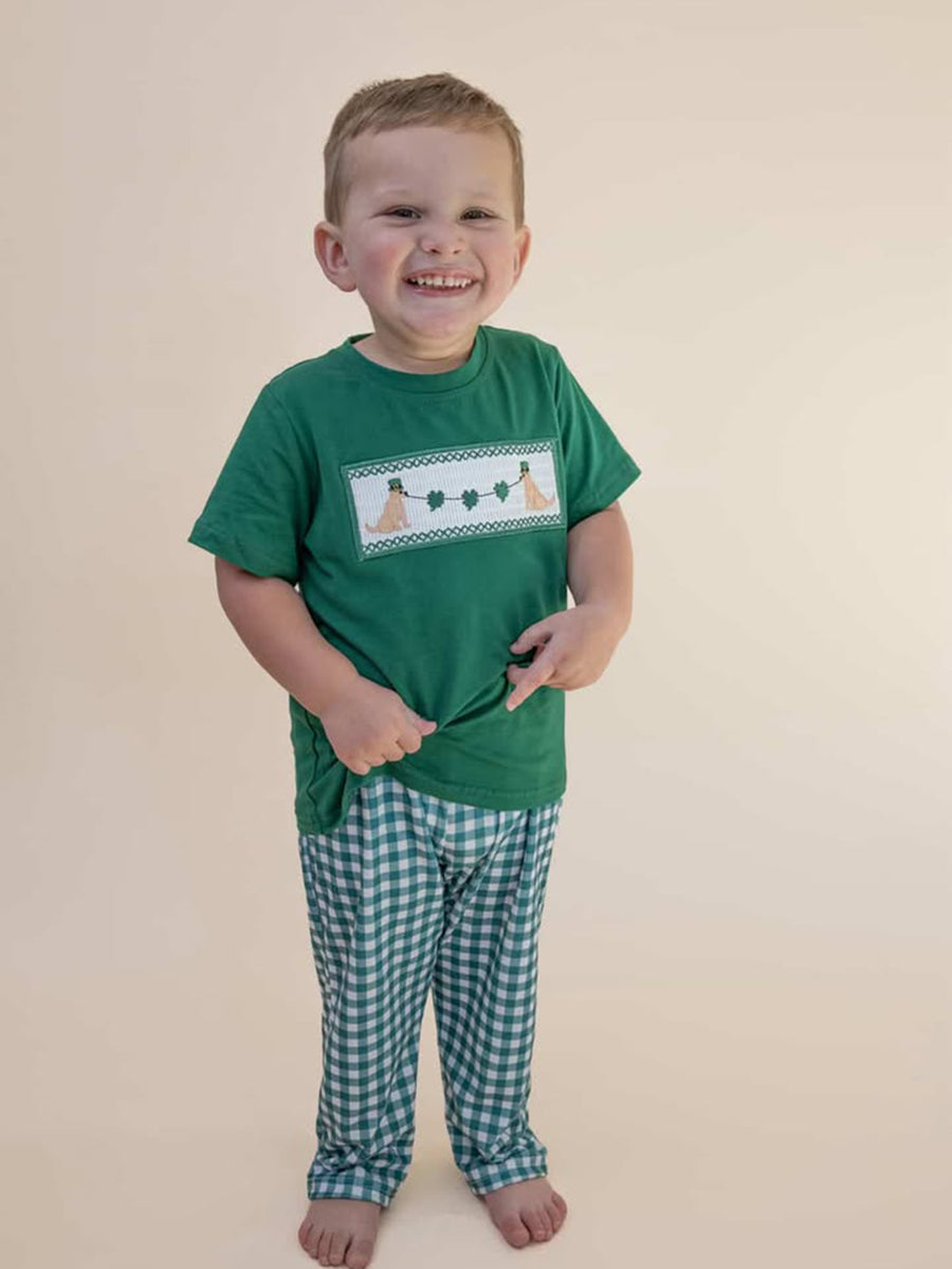Boys St. Patrick’s Day Shamrock Puppy Smocked Plaid Set