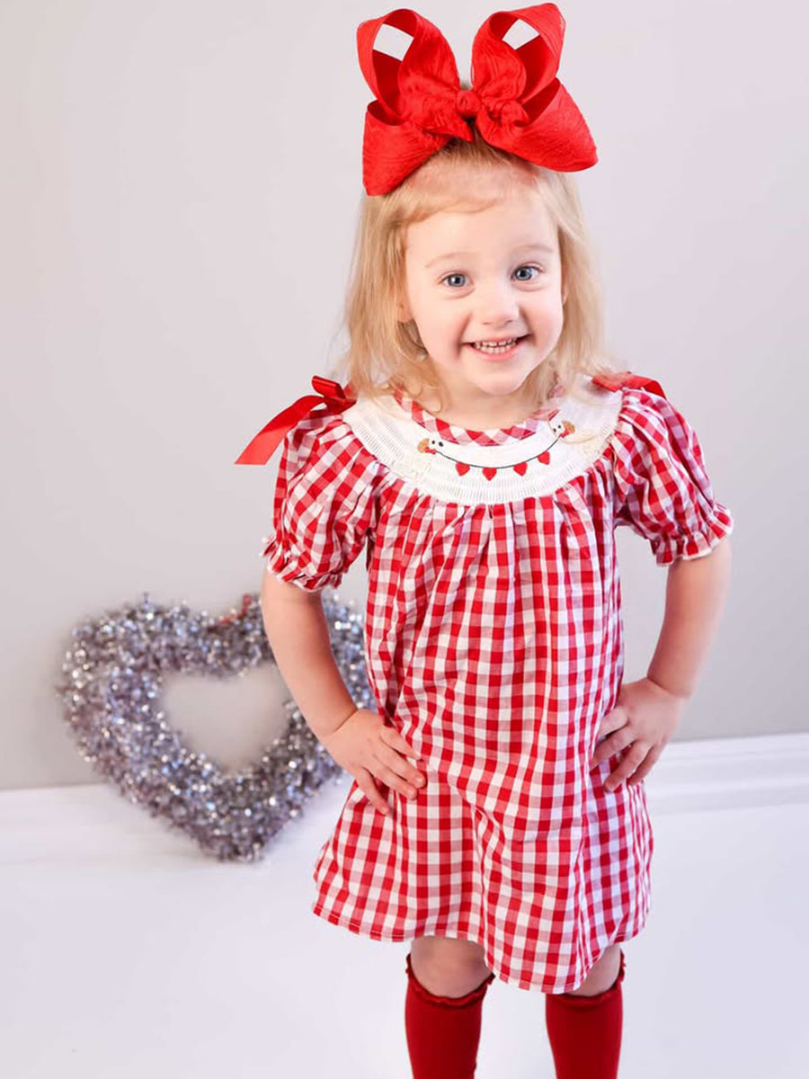 Valentine Red Plaid Dress with Smocked Heart Dog Detail and Bows