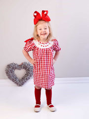 Valentine Red Plaid Dress with Smocked Heart Dog Detail and Bows