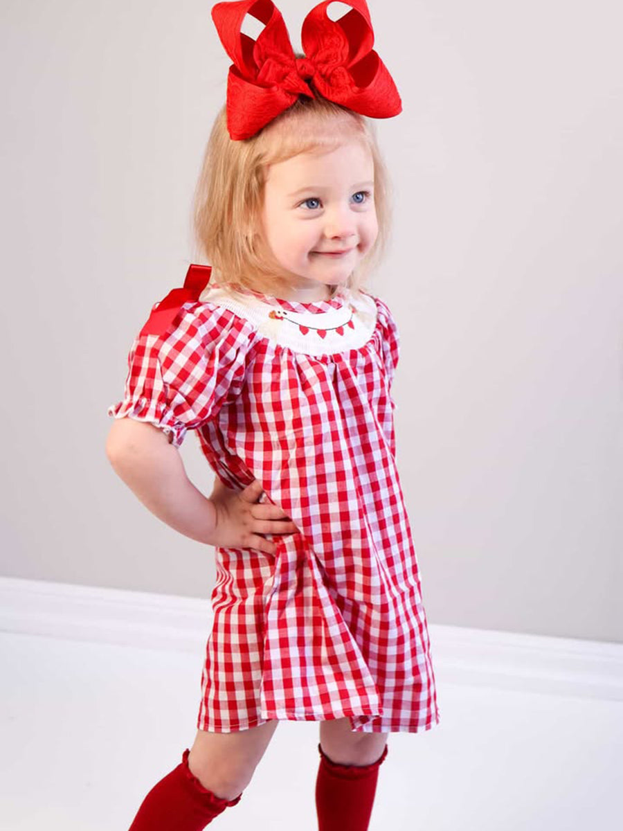 Valentine Red Plaid Dress with Smocked Heart Dog Detail and Bows