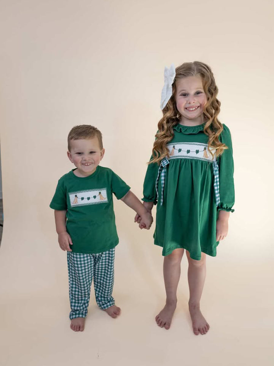 Boys St. Patrick’s Day Shamrock Puppy Smocked Plaid Set