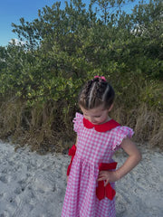Valentine Pink Plaid Girls Dress with Red Hearts and Bows
