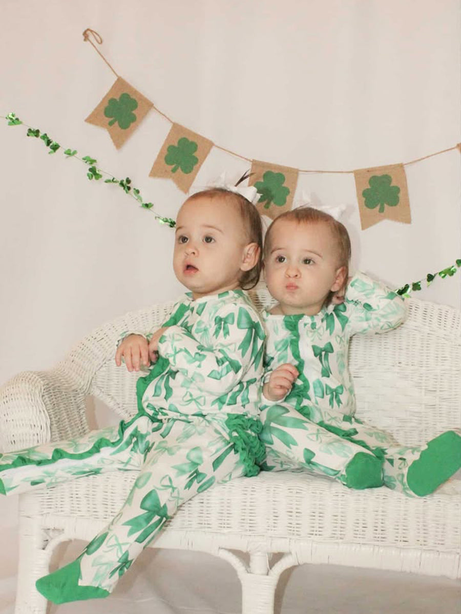 St. Patrick's Day Bow Print  Long Sleeves Baby Girls Romper