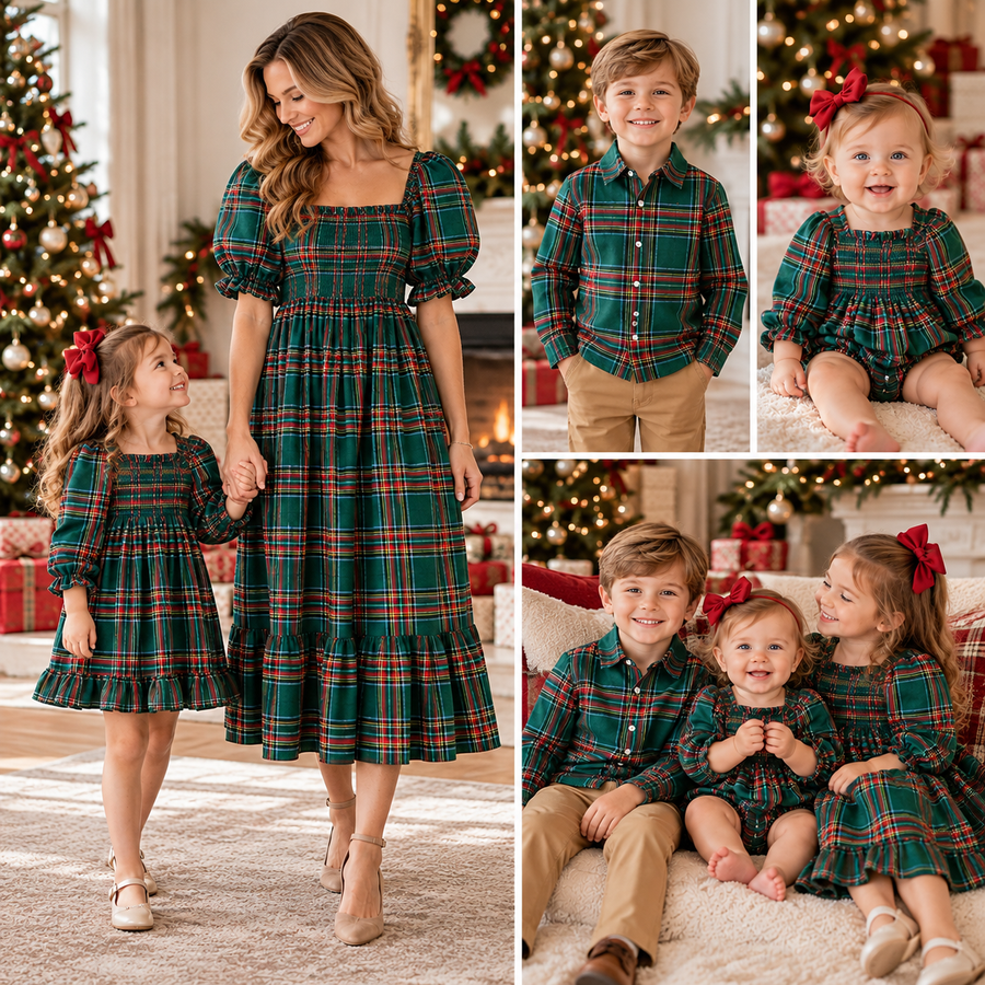 Christmas Green Plaid Mommy and Me Matching Dress