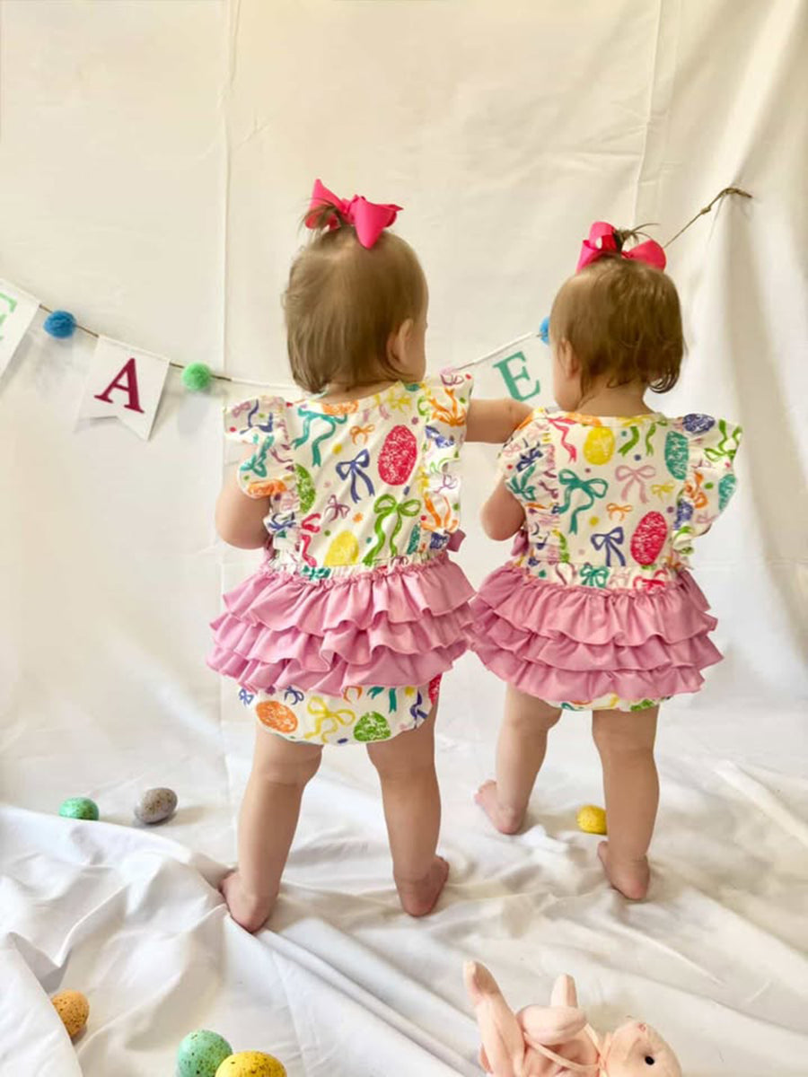 Rainbow Easter Egg Print Bow Baby Girls Romper