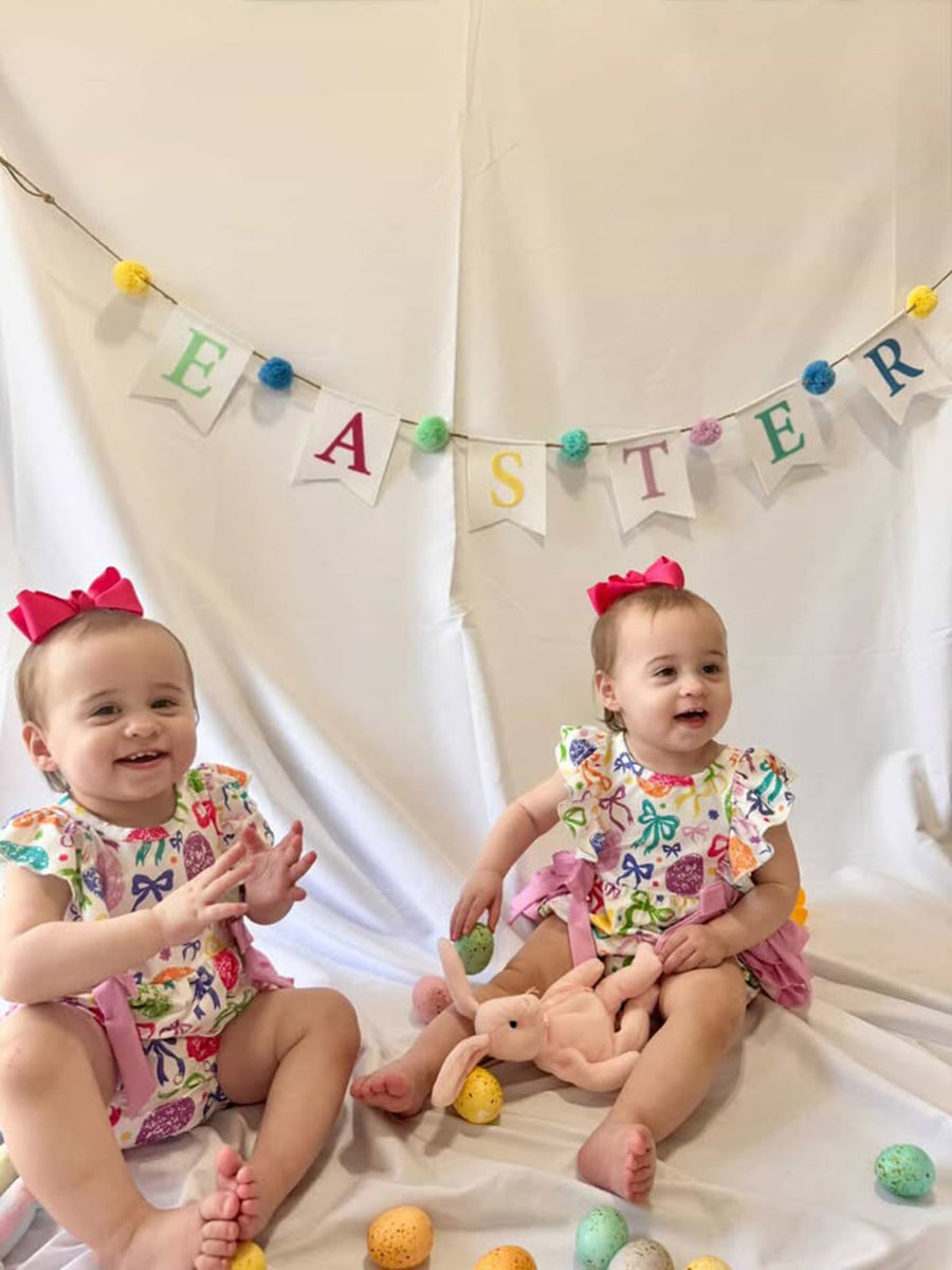 Rainbow Easter Egg Print Bow Baby Girls Romper