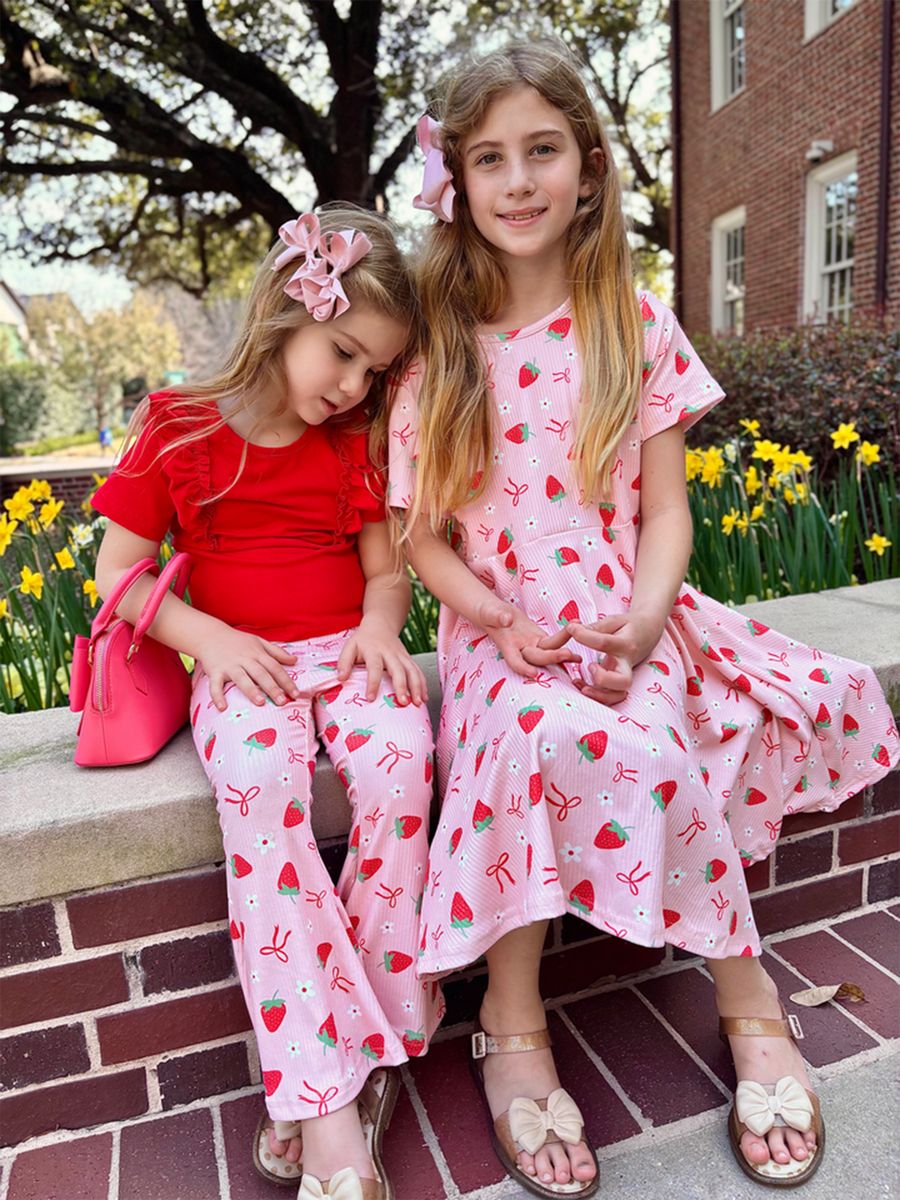 Strawberry Bow Girls Short Sleeves Dress