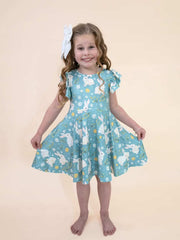 Easter Bunny Green Flying Sleeves Girls Dress