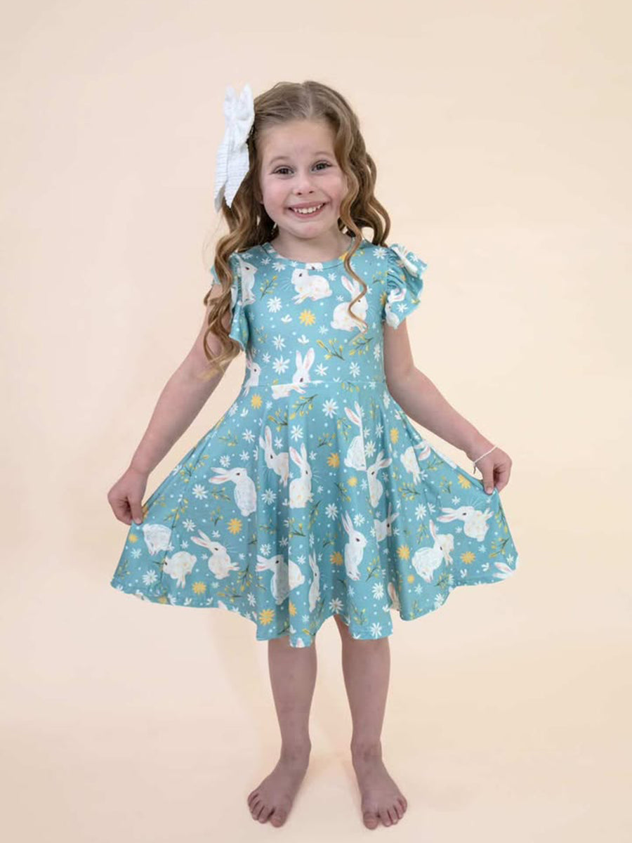 Easter Bunny Green Flying Sleeves Girls Dress