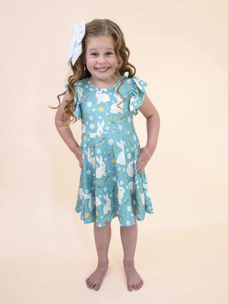 Easter Bunny Green Flying Sleeves Girls Dress