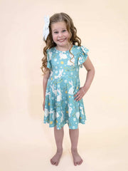 Easter Bunny Green Flying Sleeves Girls Dress