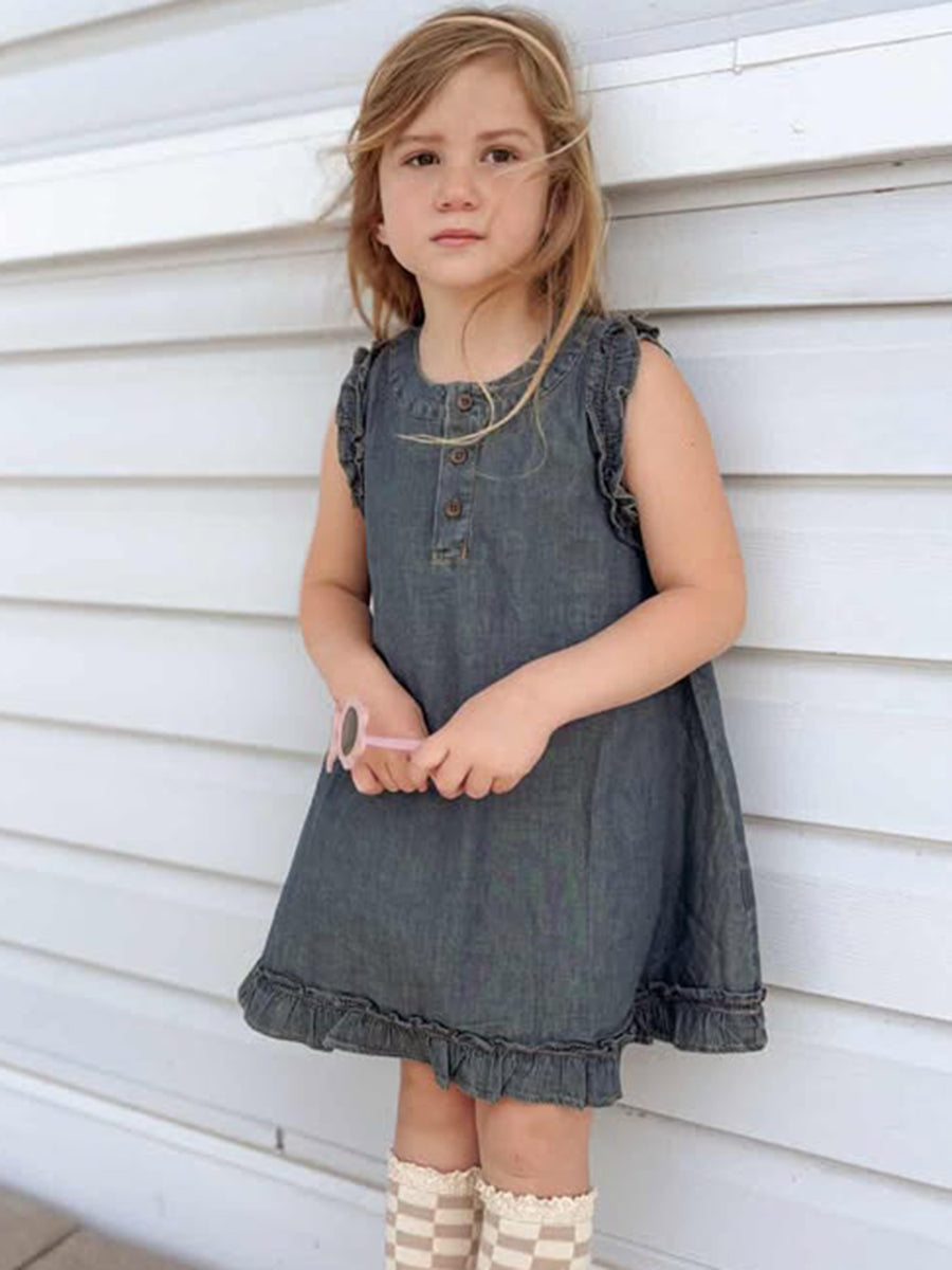 Vintage Denim Ruffle Girls Dress