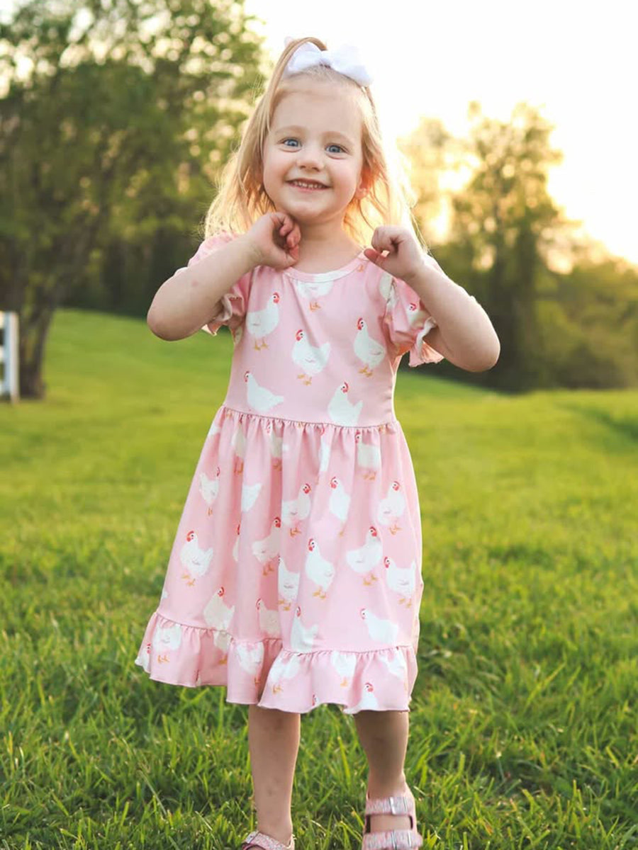 strapless open back dress Farm Spring Chicken Print Girls Ruffle Dress 3