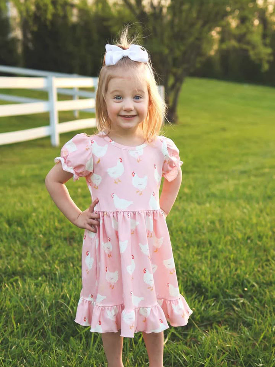 Farm Spring Chicken Print Girls Ruffle Dress 3