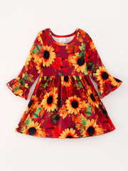 Set of 2 PCS in One Package Fall Girls Colorful  Floral Print Lotus Edge Long Sleeve Dresses