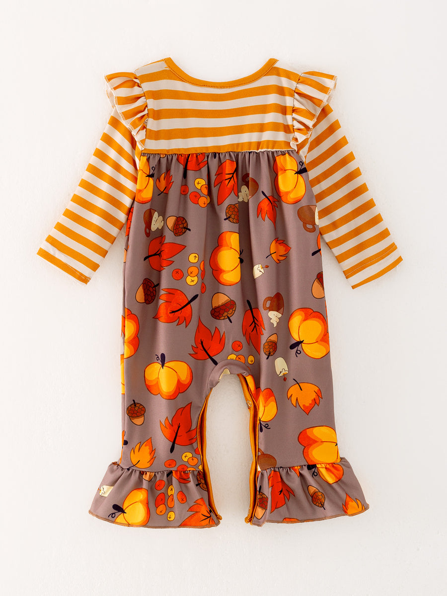 Autumn Leaves Pine Cone Stripe Print Girls Romper