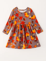 Autumn Leaves Pine Cone Stripe Print Girls Dress