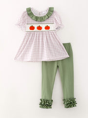 Halloween Girls Pumpkin Chenille patches Plaid Top + Pants Set