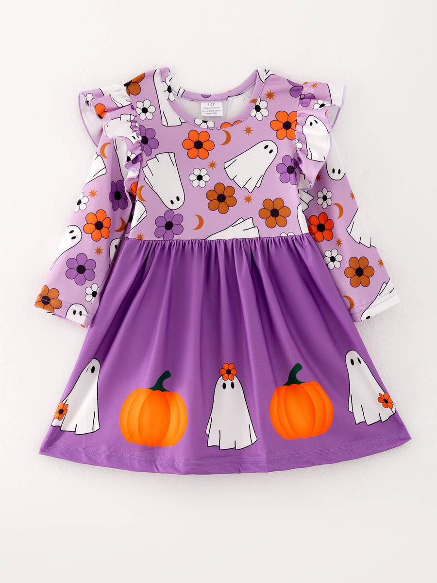 Girls Fall Halloween Ghost Pumpkin Print Long Sleeve Dress