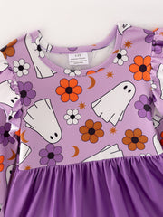 Girls Fall Halloween Ghost Pumpkin Print Long Sleeve Dress