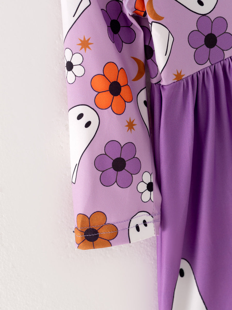 Girls Fall Halloween Ghost Pumpkin Print Long Sleeve Dress