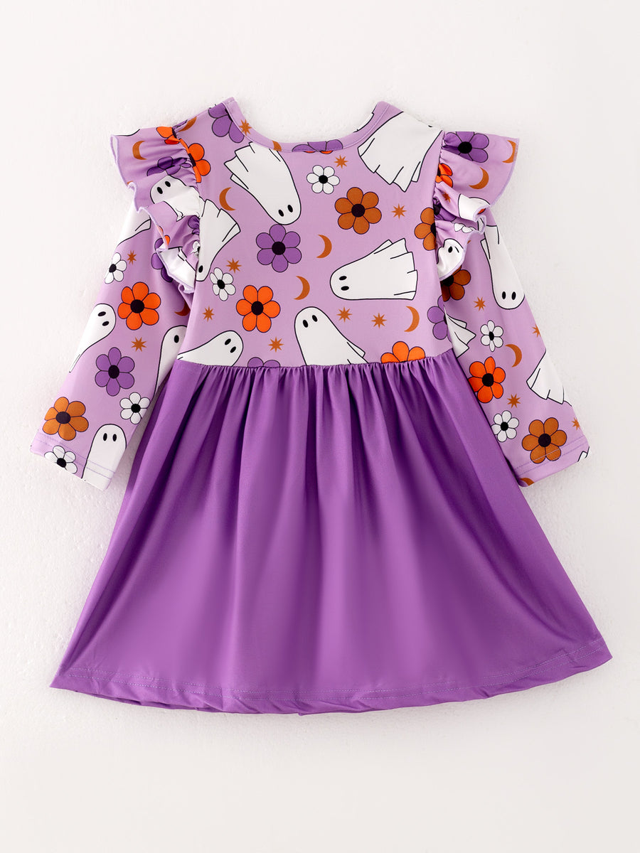 Girls Fall Halloween Ghost Pumpkin Print Long Sleeve Dress