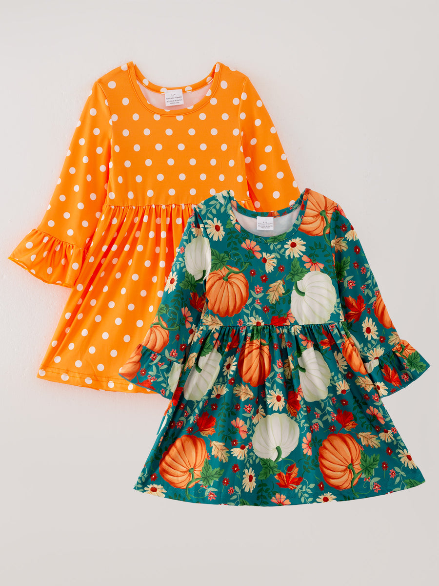 Thanksgiving Day Fall Girls Set Of 2 Pcs In One Package Pumpkin Print Dress