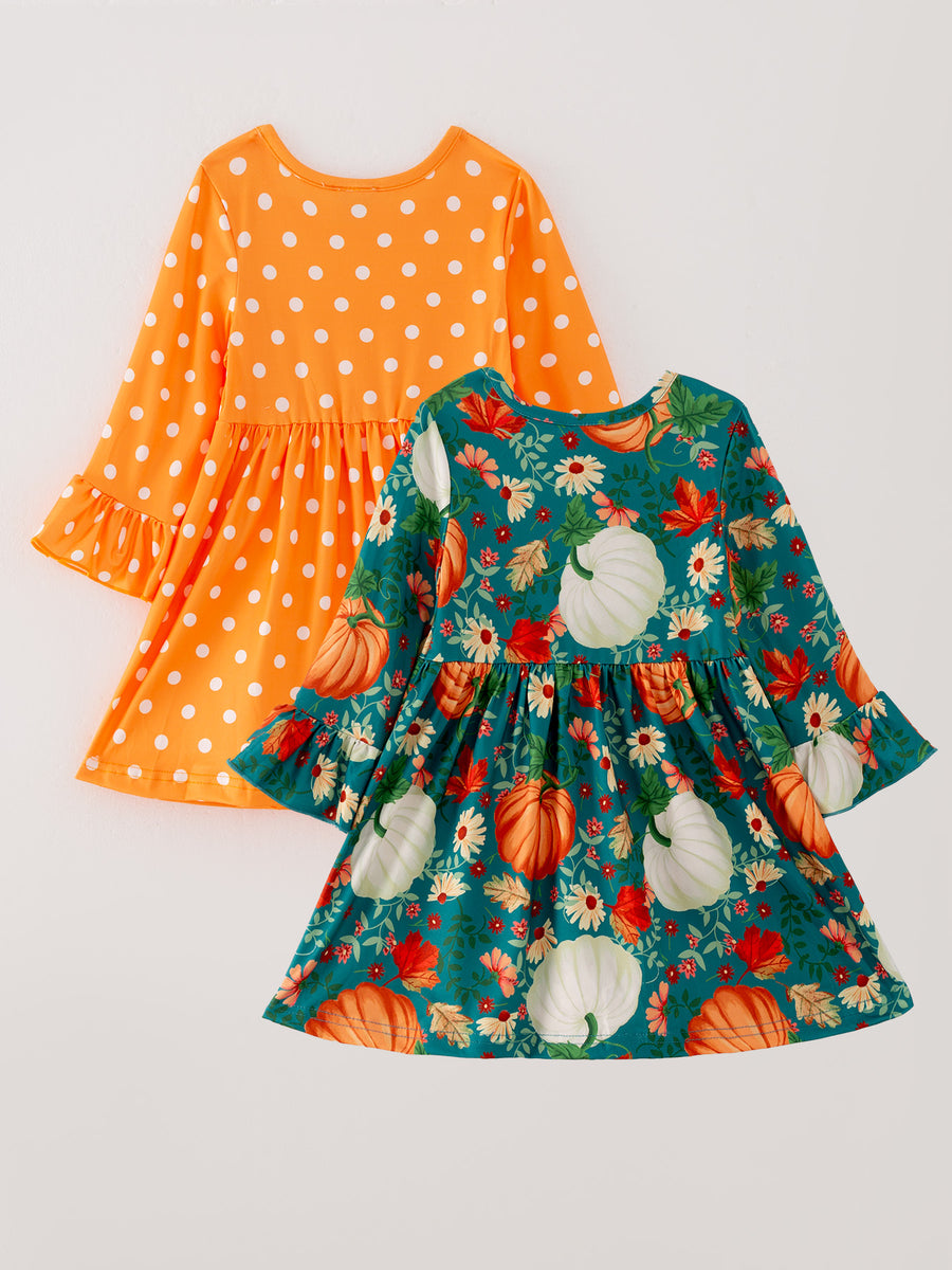 Thanksgiving Day Fall Girls Set Of 2 Pcs In One Package Pumpkin Print Dress