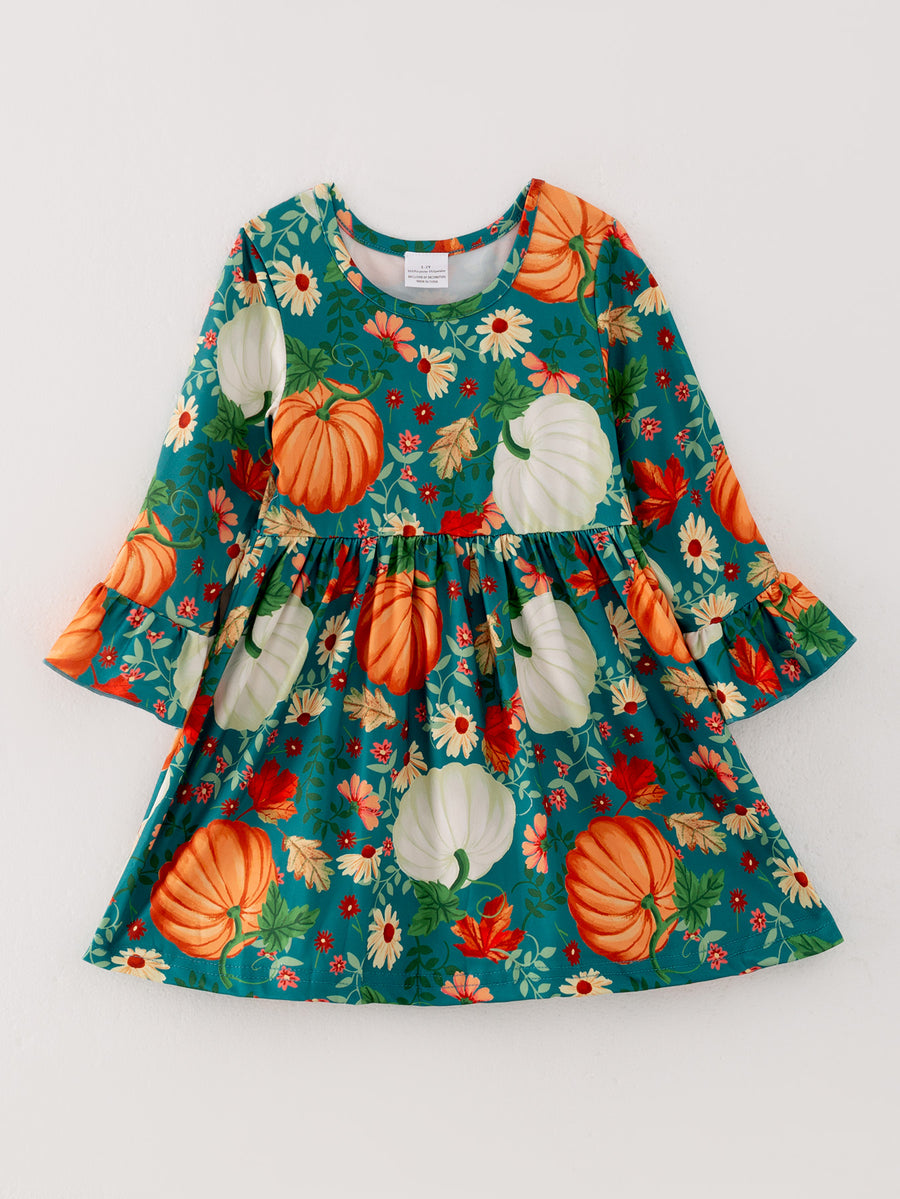 Thanksgiving Day Fall Girls Set Of 2 Pcs In One Package Pumpkin Print Dress