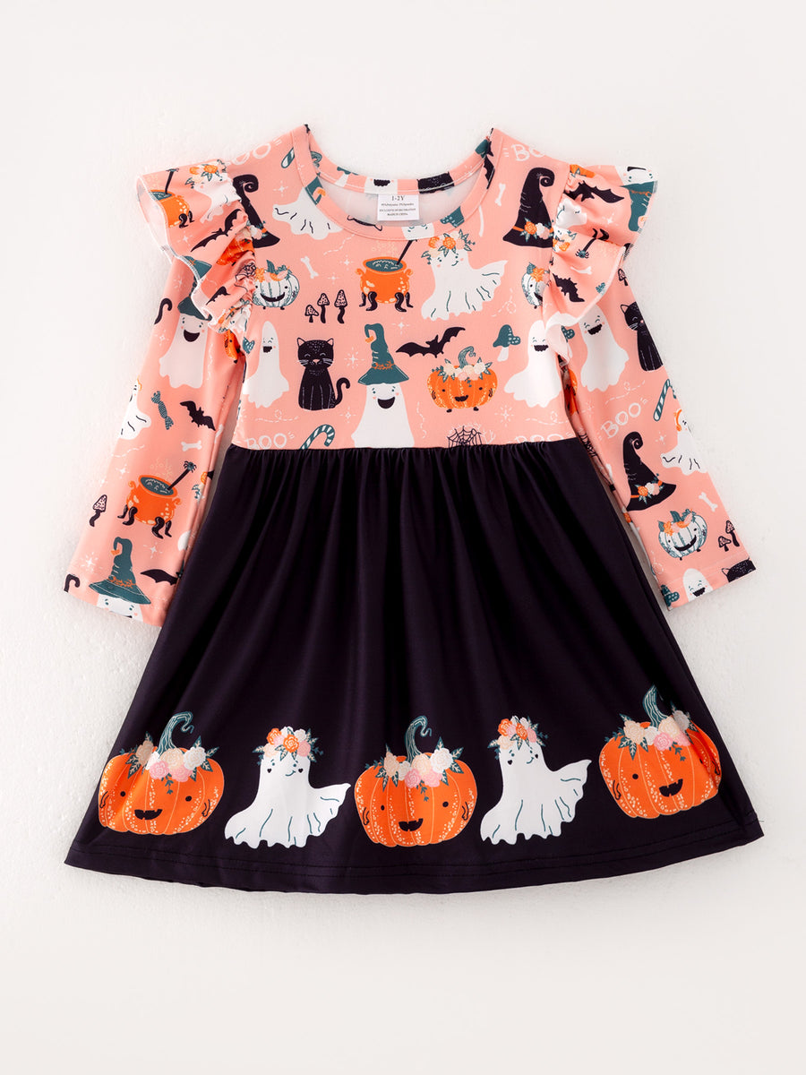 Girls Fall Halloween Ghost Pumpkin Print Long Sleeve Dress