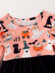 Girls Fall Halloween Ghost Pumpkin Print Long Sleeve Dress