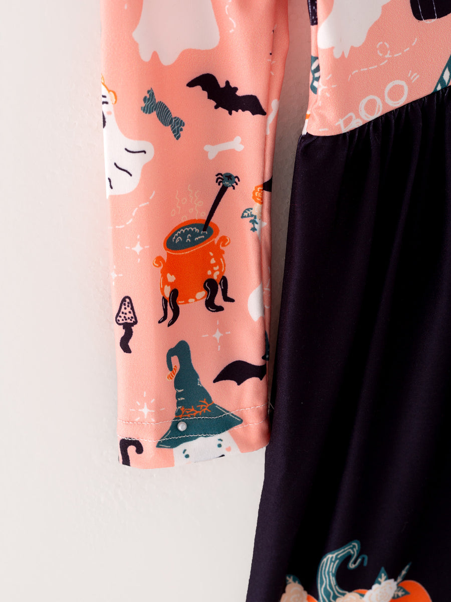 Girls Fall Halloween Ghost Pumpkin Print Long Sleeve Dress