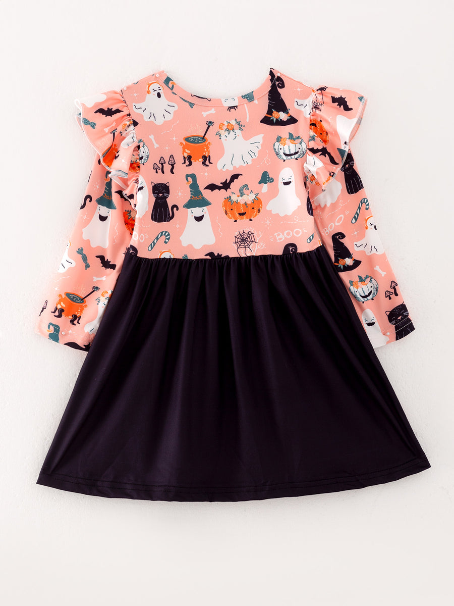 Girls Fall Halloween Ghost Pumpkin Print Long Sleeve Dress