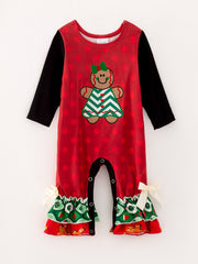 Christmas Gingerbread Man Print Red Girls Romper