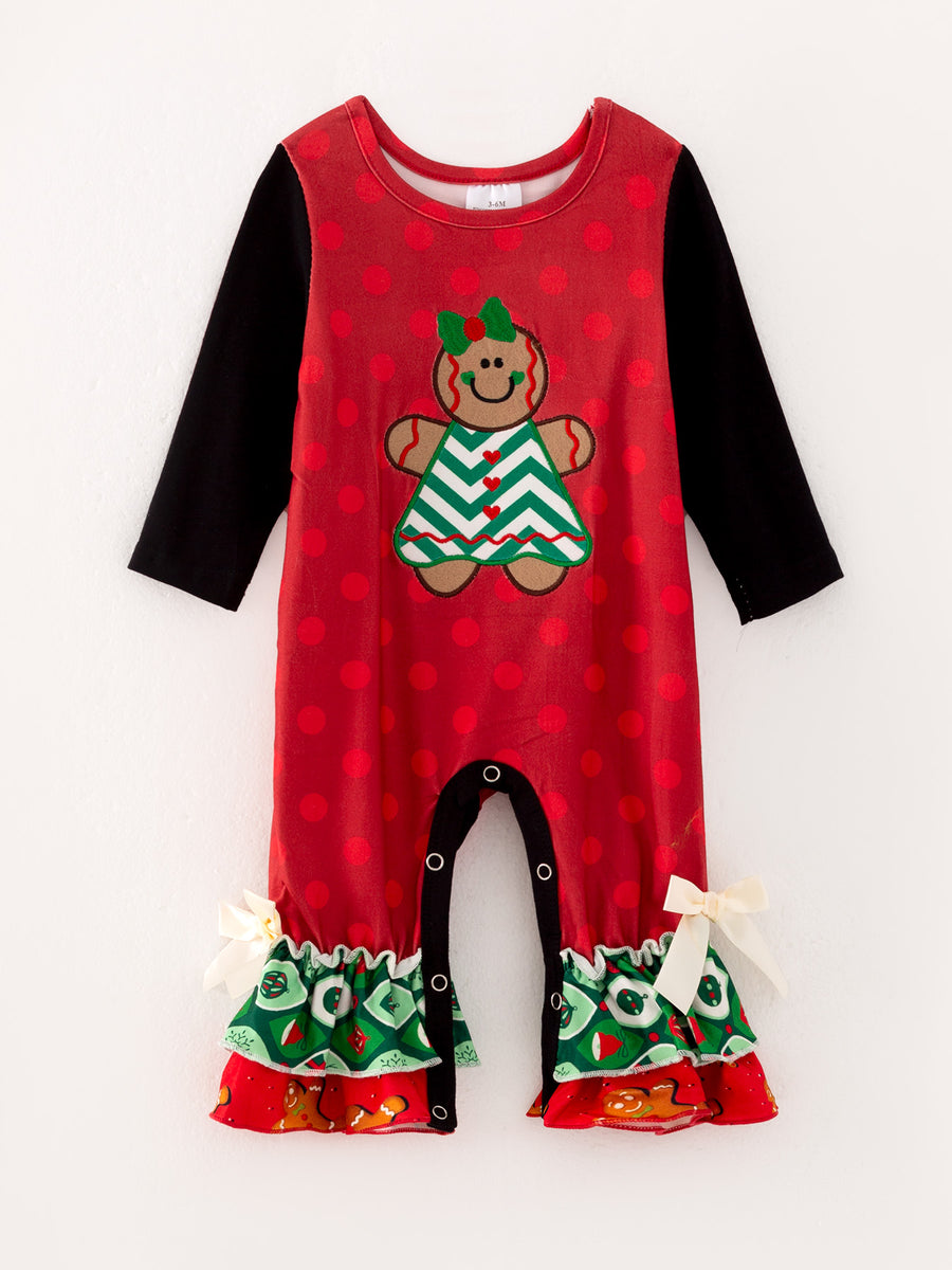 Christmas Gingerbread Man Print Red Girls Romper