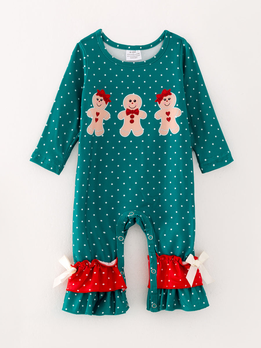 Christmas Gingerbread Man Print Green Girls Romper