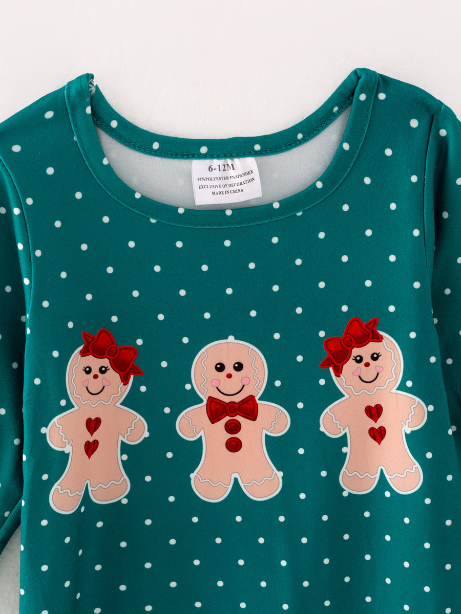 Christmas Gingerbread Man Print Green Girls Romper