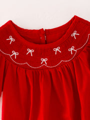 Girls Bow Smocking Embroidered Red Romper