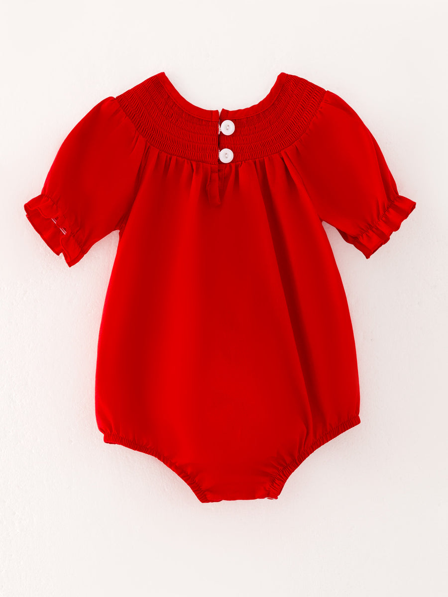 Girls Bow Smocking Embroidered Red Romper