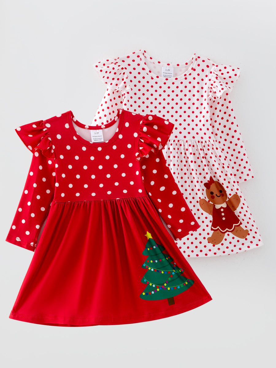 Girls Christmas Christmas Tree Print Polka Dot Dress