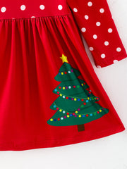 Girls Christmas Christmas Tree Print Polka Dot Dress