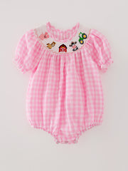 Farm Pink Smocking Embroidered Girls Romper