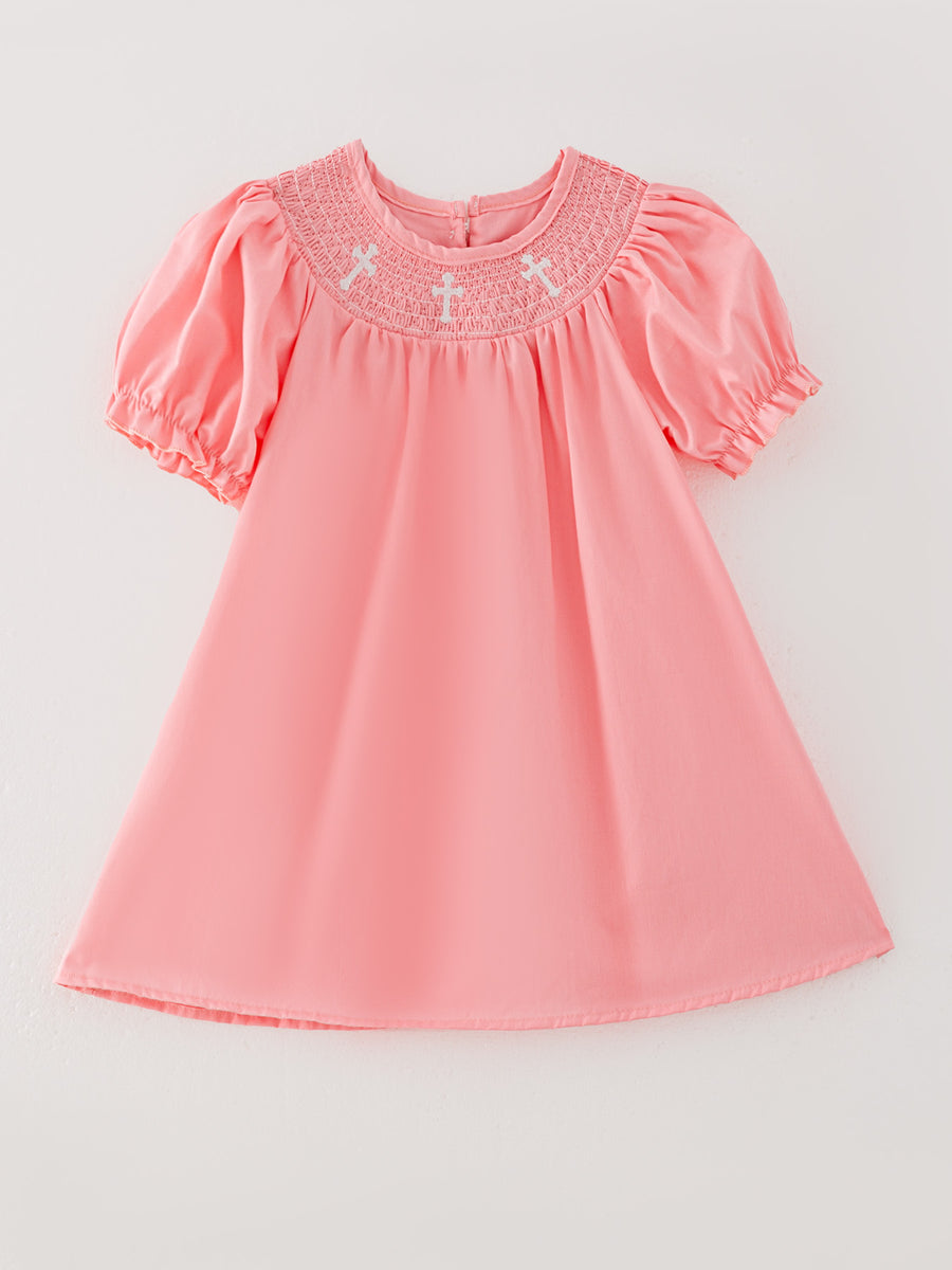 Pink Smocking Embroidered Crucifix Girls Dress