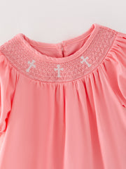 Pink Smocking Embroidered Crucifix Girls Dress