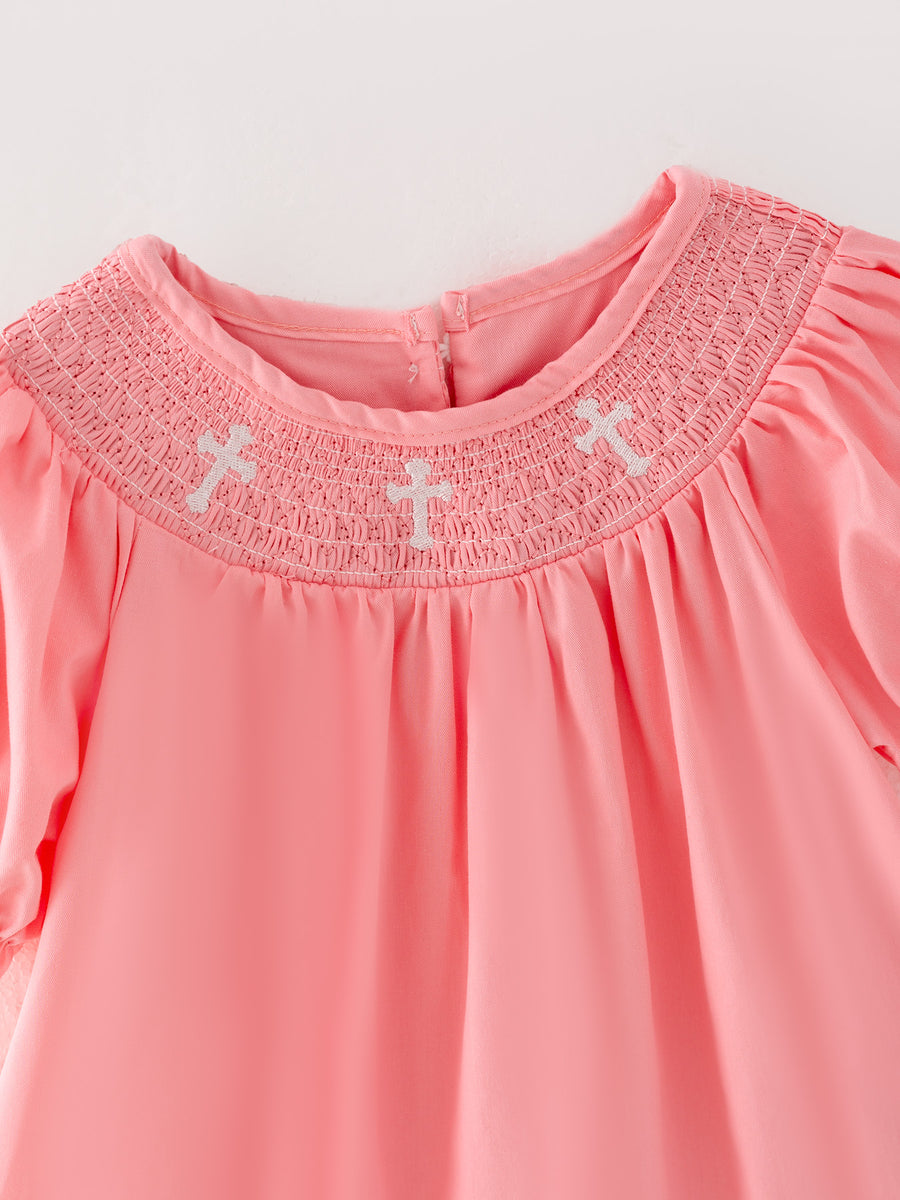 Pink Smocking Embroidered Crucifix Girls Dress