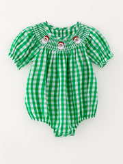 Christmas Santa Claus Smocking Green Plaid Embroidery Baby Girls Romper