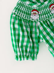 Christmas Santa Claus Smocking Green Plaid Embroidery Baby Girls Romper