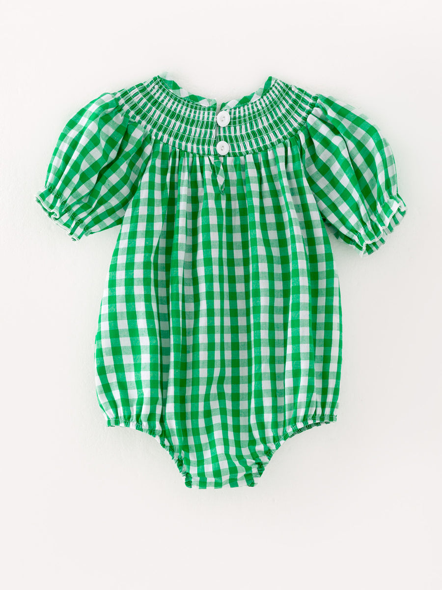 Christmas Santa Claus Smocking Green Plaid Embroidery Baby Girls Romper