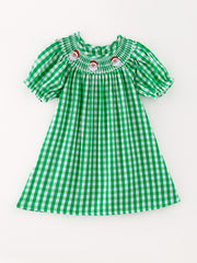 Christmas Santa Claus Smocking Green Plaid Embroidery Dress