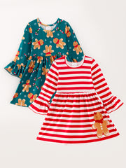 Girls Dress Of 2 Pcs In One Package Christmas Print Dress